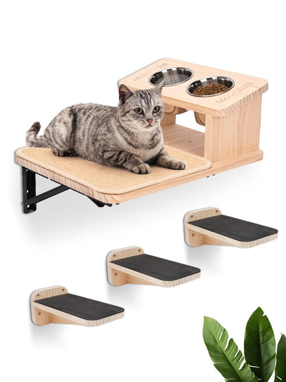 Cat Wall Shelves Cat Shelves with 3 Cimbing Wall Steps & Cat Feeding Bowls Station Cat Hammock and Perches for Wall Cat Wall Furniture Set Cat Climbing Shelves Cat Scratching Post